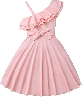 Girl's Asymmetrical Neck Tiered Layer Ruffle Trim Belted High Waist Flared Hem A Line Dress