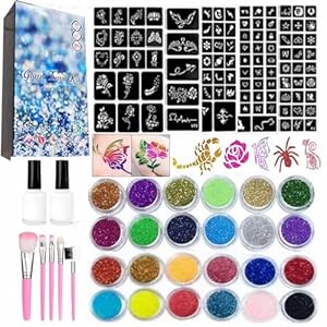 Temporary Glitter Tattoos Kit for Kids, 24 Body Glitter, 2 Glue, 5 Brushes, 187 Stencils, Kids or Adults Halloween Makeup Kit, Gift for Kids Birthday Party Festival