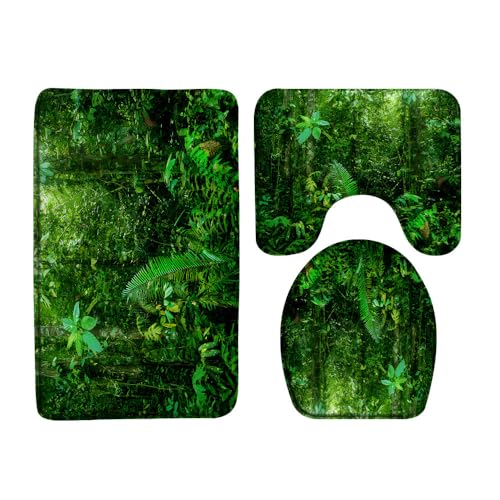Tropical Rainforest 3 Pcs Bath Rugs Set,Green Palm Leaves Jungle Plnat Nature Landscape Lush Tree Forest Botanical Bathroom Kitchen Rug with 16