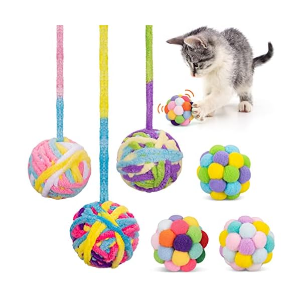 Retro shaw woolen cat toy balls with bell and fuzzy balls, interactive toys for indoor cats and kittens, chew toys, 6 pack