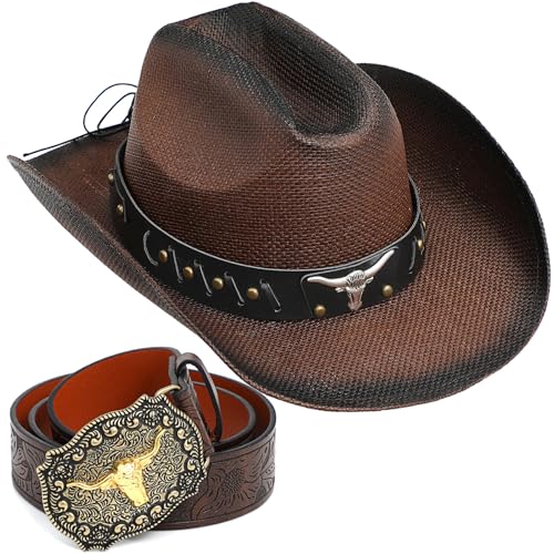 Chapeau de cowgirl en paille contre le soleil et ceinture pour tenue western