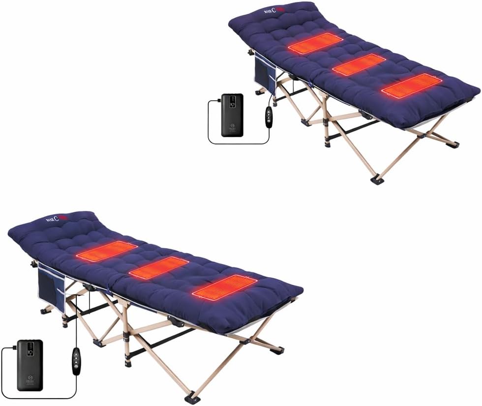 Nice C Heated Cot with Cushion, Heated Camping Cots, Folding Cots with Mattress for Adults, with Pillow, Carry Bag & Storage Pocket, Extra Wide Sturdy, Holds Up to 500 Lbs (2, Heated Mattress Navy)