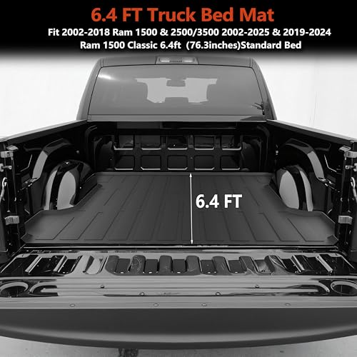 KARPAL 6.4Ft Truck Bed Mat for Ram 1500 2002-2018 & 2500/3500 2002-2025 & 1500 Classic 2019-2024(Not Fit 5.7Ft & 8Ft Bed), TPE All Weather Truck Bed Liner Cargo Trunk Accessories for Ram