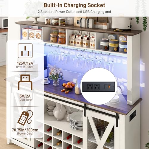 Image of 63 inchWide 58 inchH Farmhouse Coffee Bar Cabinet with Power Outlet and LED Light,Wine Bar Cabinet w / 4 Storage Hutch,Kitchen Buffet Cabinet with 15 Wine and Glass Racks for Kitchen Dining Room(Antique White)