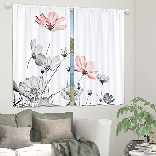 Red Grey Sheer Floral Kitchen Curtains, Flower Window Curtains For Kitchen, Rustic Retro Small Kitchen Curtain Farmhouse Country Botanical Short Cafe Curtains Window Drapes 27.5X39 Inch 2 Panels #TOP3