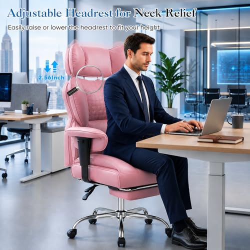 Image of Big and Tall Office Chair 350 LBS, Scratch-Resistant PU Leather Executive Office Desk Chair with Footrest, Ergonomic Reclining Computer Chair with Pocket Spring Support for Home Office, Pink