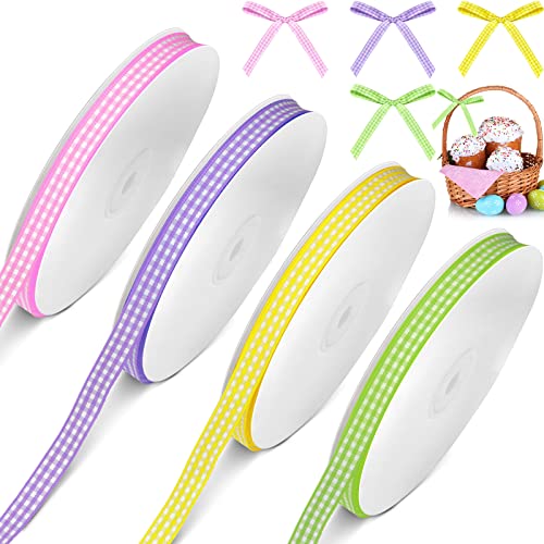 Easter Plaid Fabric Ribbon Spring Gingham Ribbon Checkered Wired Ribbon Diy Craft Pastel Ribbon For Easter Valentine's Day Birthday Baby Shower (Bright Colors, 3/8" X 200 Yd) #TOP16