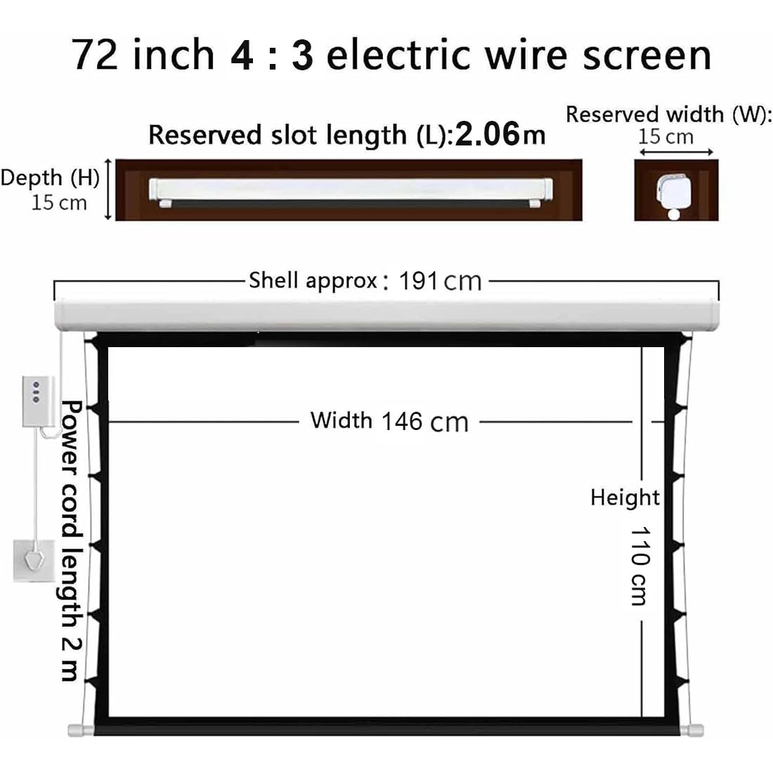 Schermo di proiezione motorizzato, schermo cinematografico ad alta definizione, adatto per presentazioni home theater, uso interno, dotato di telecomando wireless, montaggio a parete/soffitto.