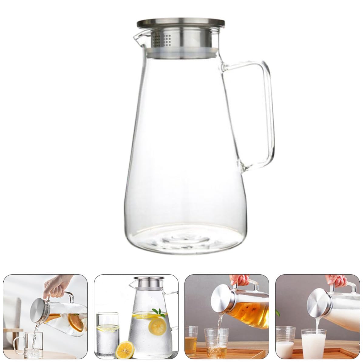 Jarra de Asa de Agua de Vidrio Fría Acero Inoxidable y 1500ml Diseño Cómoda Gran Capacidad para Uso en Casa y Tienda de Té