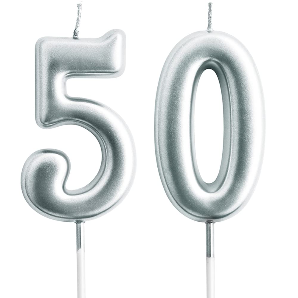 Eusbon Number 50 50Th Candle For Cake Decoration, Birthday Candle For Birthday Party, Wedding Anniversary, 7Cm Silver Big Size Number Candles