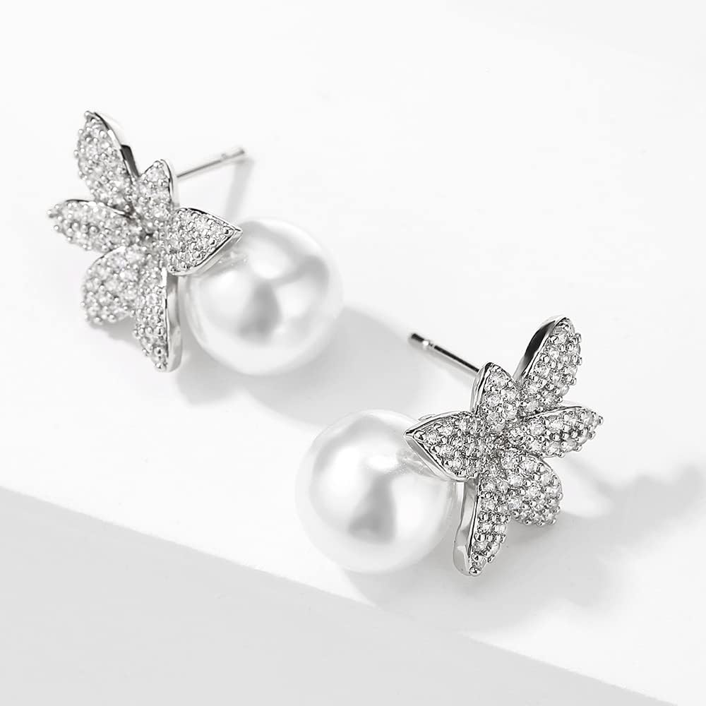Cubic Zirconia Pearl Stud Earrings Bride Wedding Earrings for Women Prom - Image 6