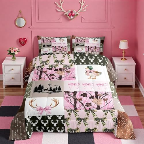 Image of Feelyou Hunting Pink Girls Bedding Set Twin Size,Mallard Duck Pink Bow Comforter Set for Kids Teens Room Camo Decor Farmhouse Rustic Bed Set