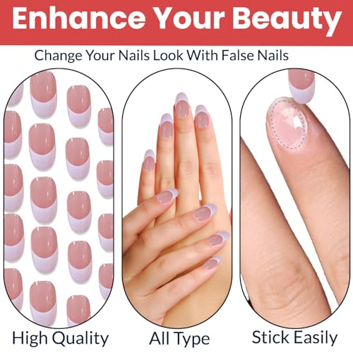 Image of TEMPERIA Press On Fake Nails For Women & Girls - French Acrylic Reusable Aesthetic - Stick On Artificial False Nails Extension - (24 pcs) (Pink & White)
