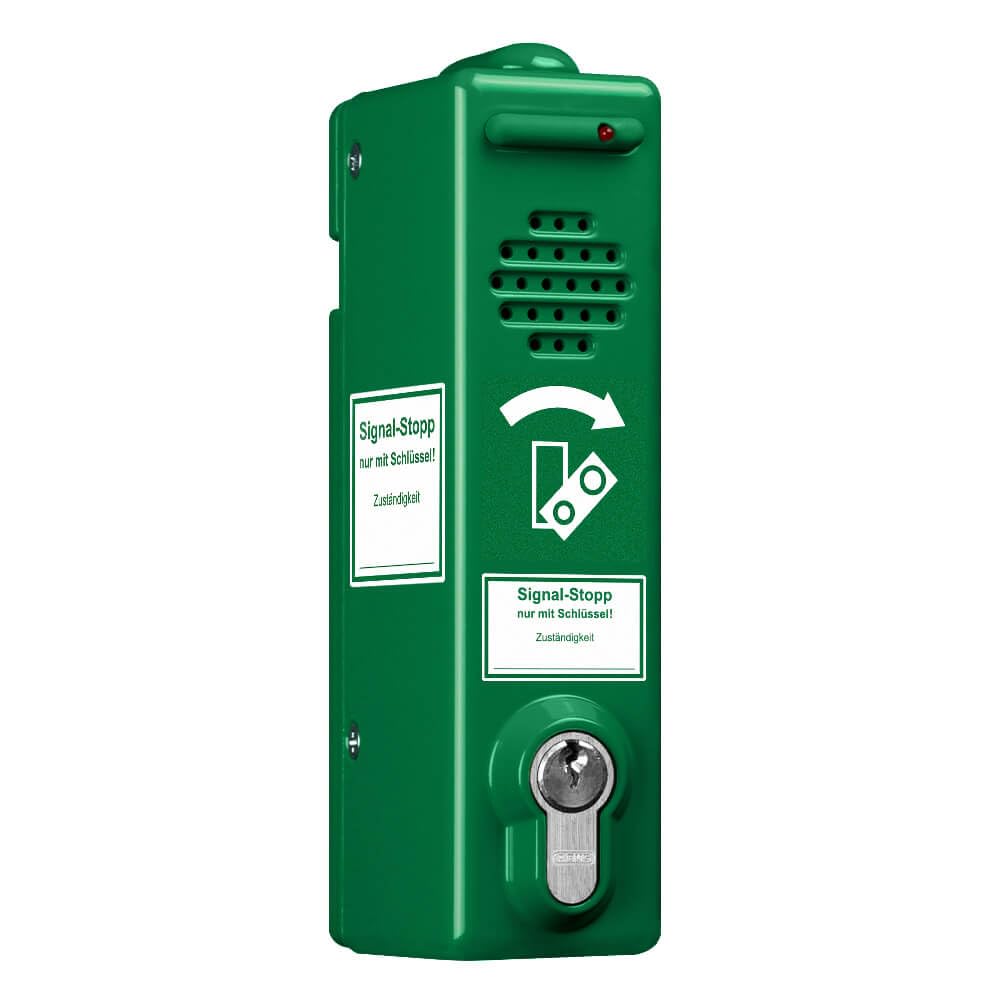 Türwächter ABUS Zylinderschloss gleichschließend, 80 dB/105 dB, grün aus Aluminium, Art.-Nr. 38096 | Türwächter Notausgang | Fluchttürwächter | Türwächter Alarm