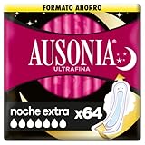 Ausonia Ultrafina Compresas con Alas, Noche Extra, 64 Unidades, Hasta 10 Horas de Protección