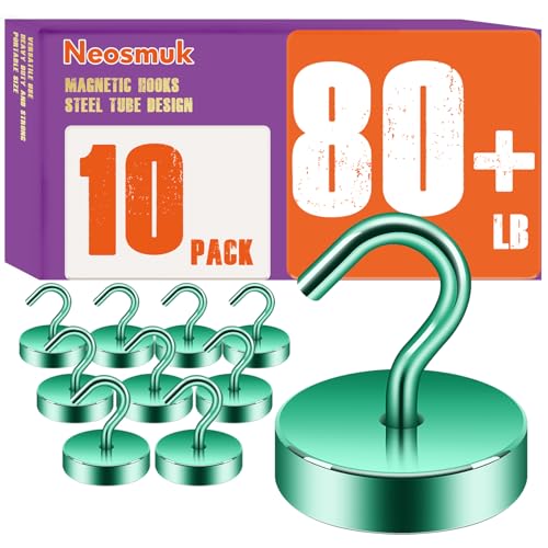 Image of Neosmuk Magnetic Hooks Steel Tube Design for Cruise,80lb+ Green,10 Pack | Cruise Ship Essentials,Heavy Duty Magnett Hooks for Cabins, Refrigerator, Grill, Hanging, and Travel Extra Strong Must-Haves