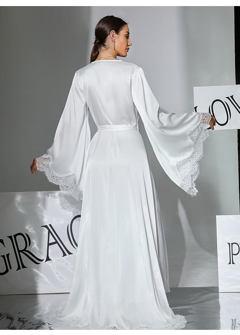 Pyjama Bride Nuisette Sexy À Manches Cloche Et Traîne Longue en Satin Style Français avec Dentelle pour Femme.