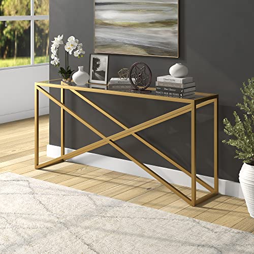 Image of Henn&Hart 64 inch Wide Rectangular Console Table in Brass, for Home, Living Room, Bedroom, Entertainment Room, Office