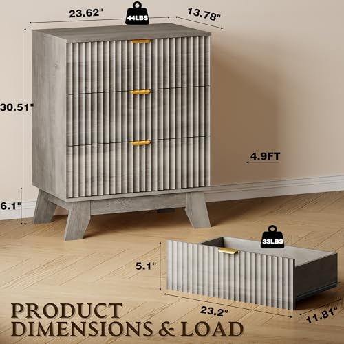Image of BORNOON Fluted 3 Drawer Dresser, 30.3 inch Tall Compact Modern Boho Chest of Drawers, Wooden Storage Cabinet for Bedroom, Living Room, Entryway, Curved Profile Design