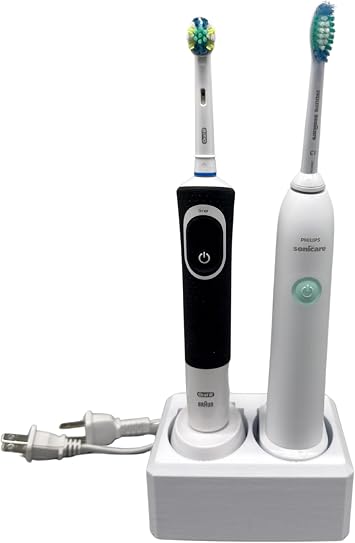 2 Slot Family Electric Toothbrush Charger Holder and Bathroom Organizer, for Select OralB and Philips Sonicare Tooth Brush Chargers See Compatability Image, Countertop Stand or Wall-Mounted, White