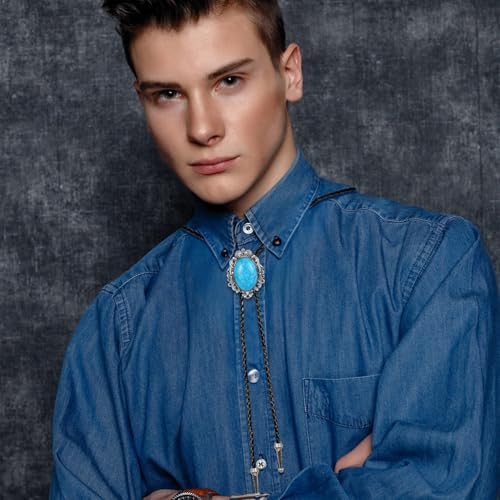 Image of ElevateTech Bolo Tie for Men Western Cowboy Bolo Tie Necklace Shape Round Ties Supplies Accessories Western Handmade (Blue)