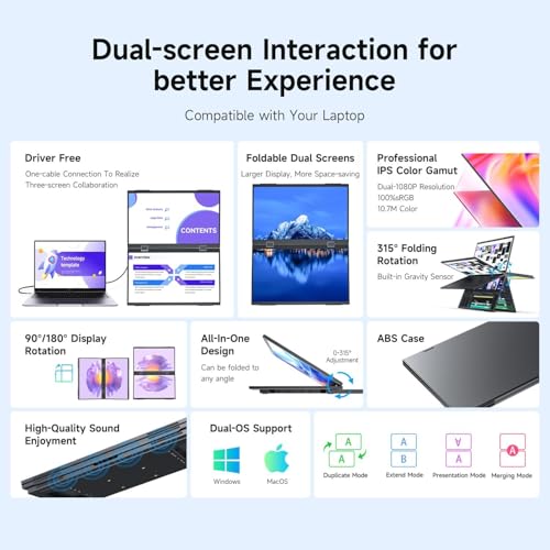 Image of 14inch Dual-Screen Portable Monitor Supports Windows /MacOS, Dual-1080p High Definition Foldable Screen, 100% SRGB, 178 Wide Viewing Angle, Built-in Gravity Sensor, Hi-Fi Speaker