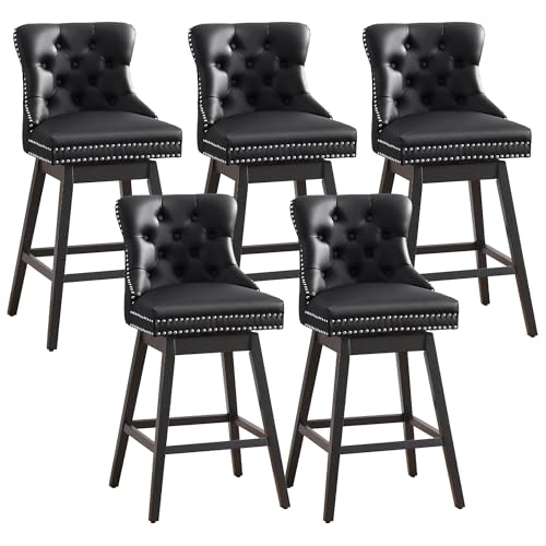 Image of Swivel Bar Stool with Back, Faux Leather Counter Height Bar Stools, Upholstered Tufted Counter Height Chairs, Solid Wood Legs, (Black, 30 inch H Seat, Set of 5)