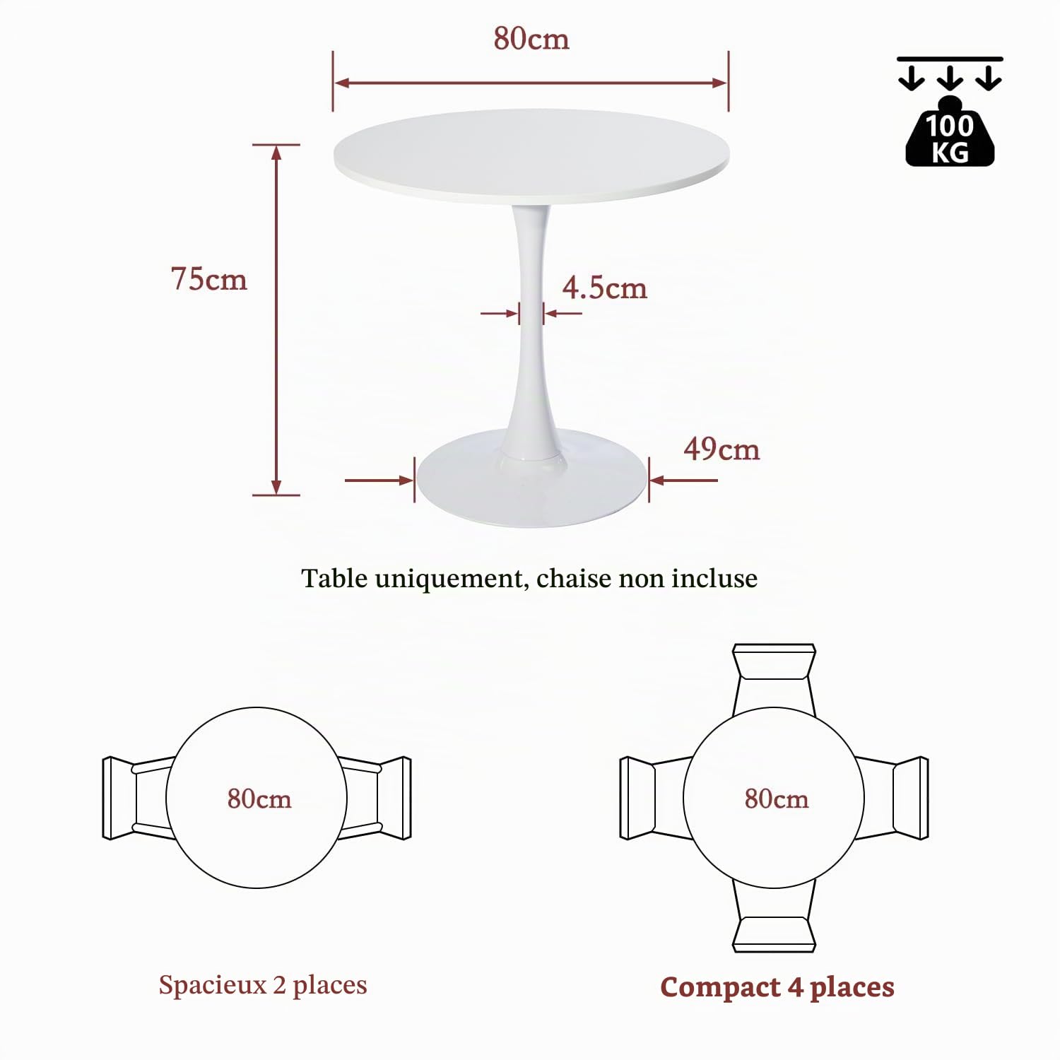 Meuble Cosy Table à Manger Ronde pour 2-4 Personnes, Table de Cuisine Scandinave avec Pieds en Forma de Trompeta, Blanc, 80x80x75cm
