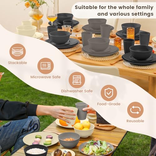 Image of Homienly Kitchen Wheat Straw Dinnerware Set 40 PCS - Dinner Plates, Cereal Bowls, Wheat Straw Cups Set, Microwave and Dishwasher Safe Dishes Set, Unbreakable Dish Set for Party, Outdoor(Grey Stone)