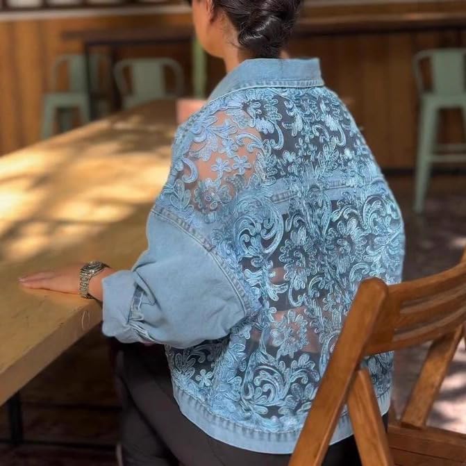 NIFTRIRY Jackets for Women Jean Jacket Floral Mesh Lace Patchwork Going Out Tops Womens Blouse Casual Outfits
