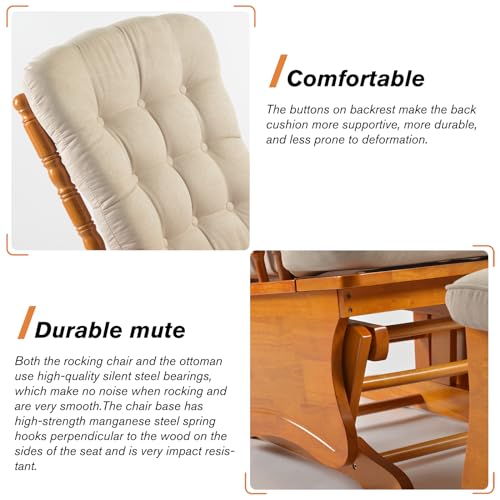 Image of Rubber Wood Nursery Glider and Ottoman Set, Quiet Smooth Gliding Rocking Chair for Breastfeeding, Comfy Upholstered Glider for Living Room Bedroom