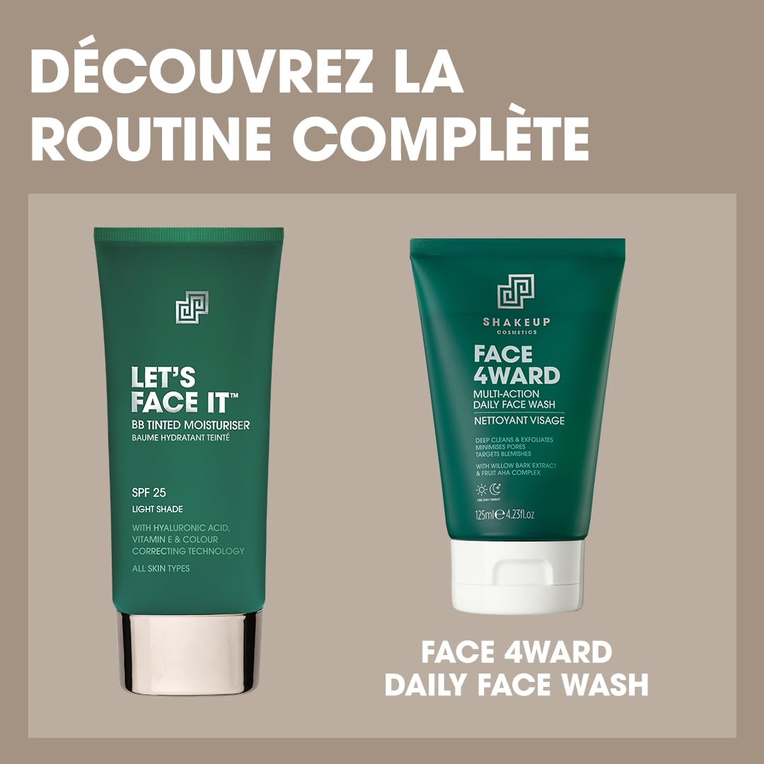 Shakeup Cosmetics Hydratant Teinté Homme, Maquillage Végan pour Hommes, Couvrance Naturelle contre Rougeurs & Imperfections, Hydratation 24h avec SPF, Teinte Light, 50 ml. Aka. LET’S FACE IT