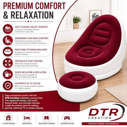 Image of Inflatable Lounge Chair for Adults with Ottoman, Foldable Air Sofa Couch, Portable Blow Up Chair for Living Room Bedroom, Comfortable Indoor Seating, 150 kg Capacity (Maroon)