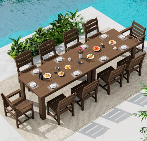 Image of SERWALL 59 inch HDPE Patio Dining Set for 10, w / 2 Tables & 10 Chairs, Brown | All Weather Resistant HDPE Dining Sets for Patio, Garden, Backyard