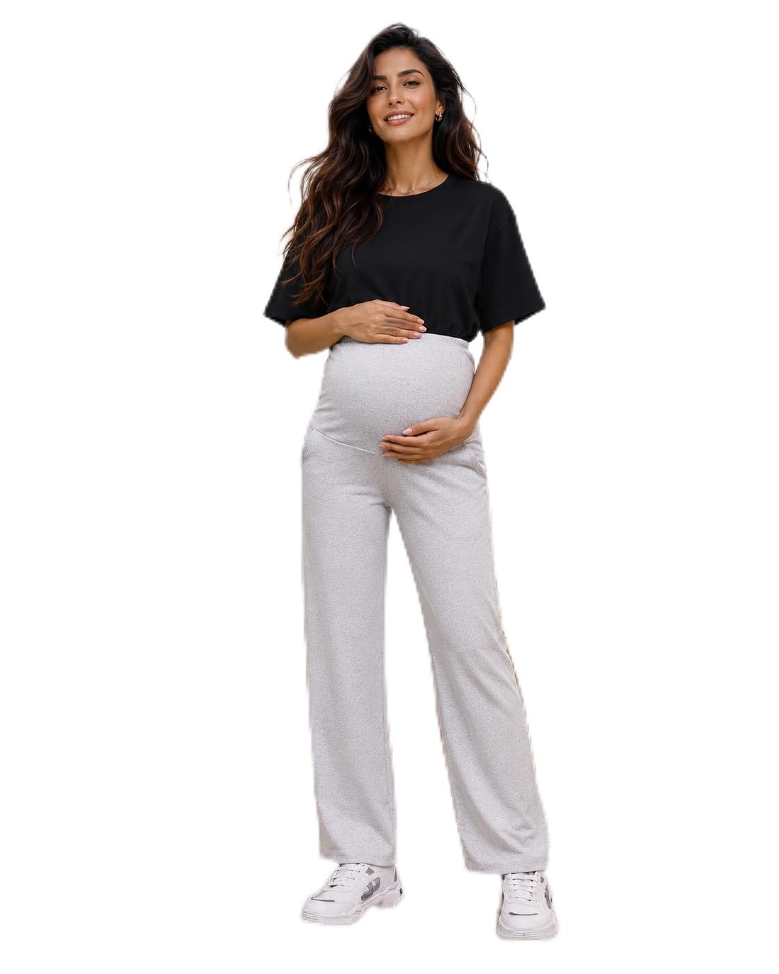 Women's Maternity Track Pants | Soft Cotton Pregnancy Pants with Over Belly Support | Stretchable Full Length Maternity Bottom Wear | Light Grey Melange-image-46