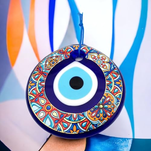 4.3" Glass Blue Evil Eye Wall Hanging Colorful Patterned Ornament - Evil Eye Decor - Turkish Handmade Nazar Amulet - Home Protection Charm - Evil Eye Wall Decor in a Box