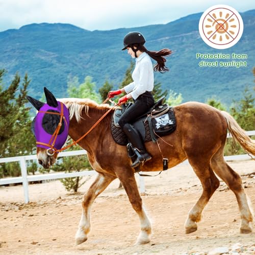 FOXLVDA 3 Pcs Horse Fly Mask-Fly Masks for Horses with Ears, Breathable Elastic Fabric for Sun Protection for Large/Medium Size Adult Horses (Pink-Purple-Gray, Large) - Thumbnail 6