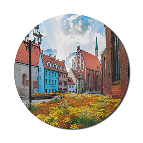 Ambesonne Tapis de souris victorien pour ordinateurs, vieille ville Riga, Lettonie, capitale, bâtiments historiques, ville médiévale, impression d'image, rond, antidérapant, épais, moderne, 20,3 cm