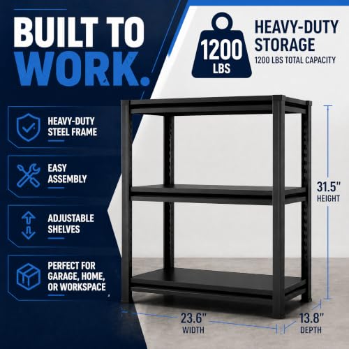 Image of Garage Shelving Heavy Duty Shelving Unit 1200 LBS 3-Tier Adjustable Boltless Storage Rack, Organizer for Garage Warehouse Kitchen Basement Workshop Household Supplies, 31.5 inchH x 23.6 inchW x 13.8 inchD, Black