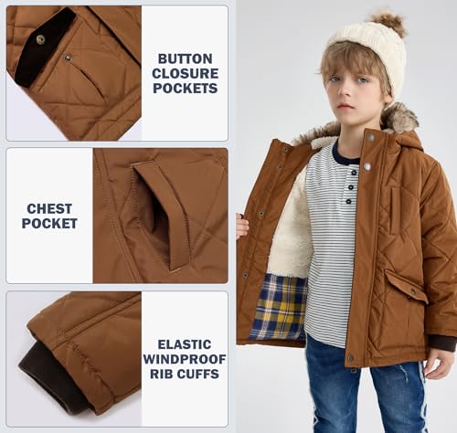 Image of SOLOCOTE Boys Winter Coat Little Kids Heavyweight Fur Hood Sherpa Lining Jacket Water-Resistant Parka