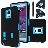 Note 4 Case, E LV Galaxy Note 4 Case Cover - Shock-Absorption / High Impact Resistant Full Body Hybrid Armor Protection Defender Case Cover for Samsung Galaxy Note 4 with 1 HD Screen Protector, 1 Stylus and 1 Microfiber Cleaning Cloth - BLACK / LIGHT BLUE