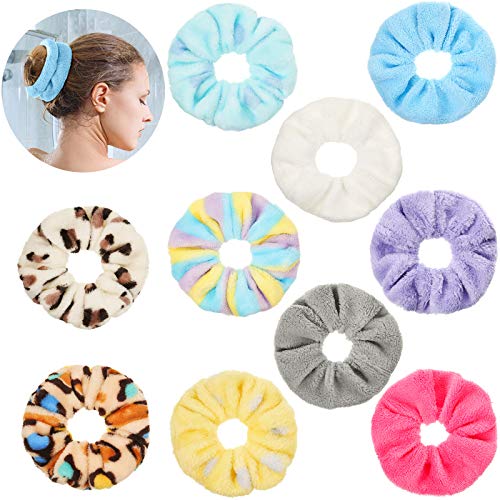 10 Pieces Microfiber Towel Hair Scrunchies Hair Drying Scrunchies Soft Microfiber Thick Fuzzy Scrunchy Bobbles Scrunchy Hair Ties Ropes Ponytail Holders Accessories for Wet and Dry Hair, 10 Styles