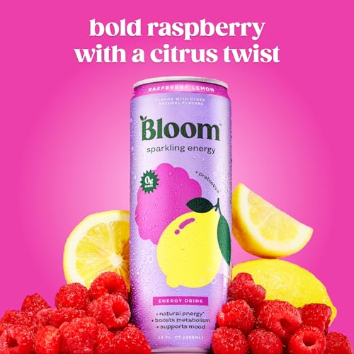 Image of Bloom Nutrition Sparkling Energy Drink for Focus, Natural Caffeine, Zero Sugar, 180mg Caffeine, Antioxidant-Rich with Green Coffee Bean, Green Tea Extract, & Prebiotics, Raspberry Lemon 12oz 12 Pack