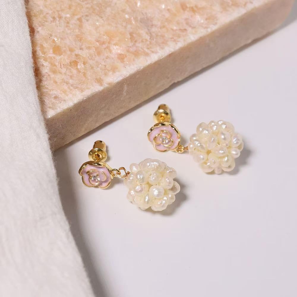 Elegant Pearl Drop Earrings, Gold-Plated Pink Rose Studs with Clustered Pearl Ball, Dangle Fashion Jewelry for Women Handmade Trendy Comfy Boho White baroque Dangle Earrings Engaged Wedding Bridesmaid Hanging Jewelry Gift For Mom - Image 2
