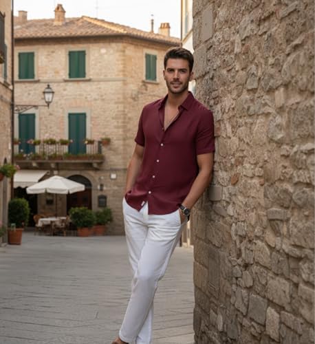 Image of Glowic Men Linen Shirt Casual Regular Fit Solid Stylish Summer Wear Shirt for Office Party Beach Holiday Lightweight Breathable Fashion Shirt