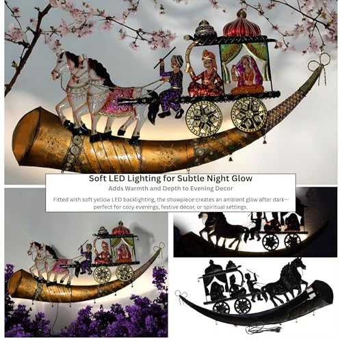 Traditional Indian Wall Decor – Iron Chariot with Horses & Royal Figures – Decorative Wall Hanging with Built-In Warm LEDs, Ethnic Metal Home Decor for Living Room, Diwali, Housewarming — photo — 3 of 9