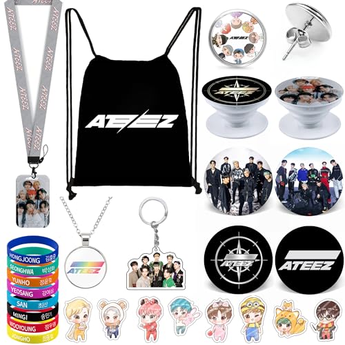 Kpop Gifts Set for Ateez, Including Drawstring Bag Backpack, Necklace, Earrings, Bracelets, Button Pins, Lanyard ID Holder, Keychain, Phone Ring Holder, Cartoon Badge