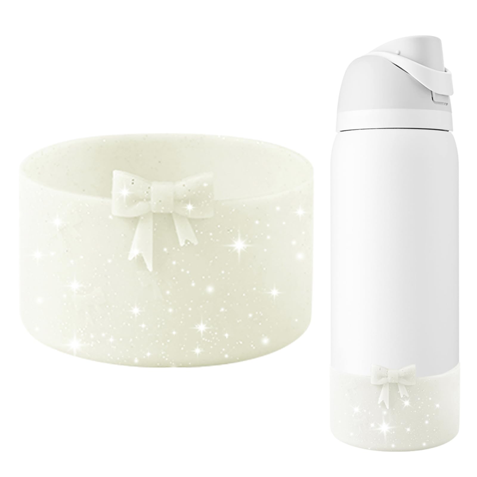 GAISHION Glitter Silicone Bow Boot Compatible with Owala 32 oz Water Bottles,Protective Sleeve Anti-Slip Bottom Bumper for FreeSip, Twist, and Flip Stainless Steel Water Bottles Accessories-Beige โ image 1