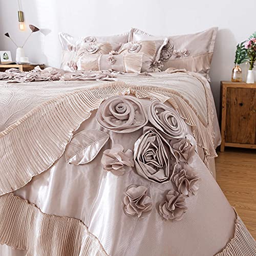 Tache Satin Silky Lustrous Floral Lace Ruffle Sweet Victorian Royal Glam Champagne Beige Down Alternative 6Pc Comforter Set - King #TOP2