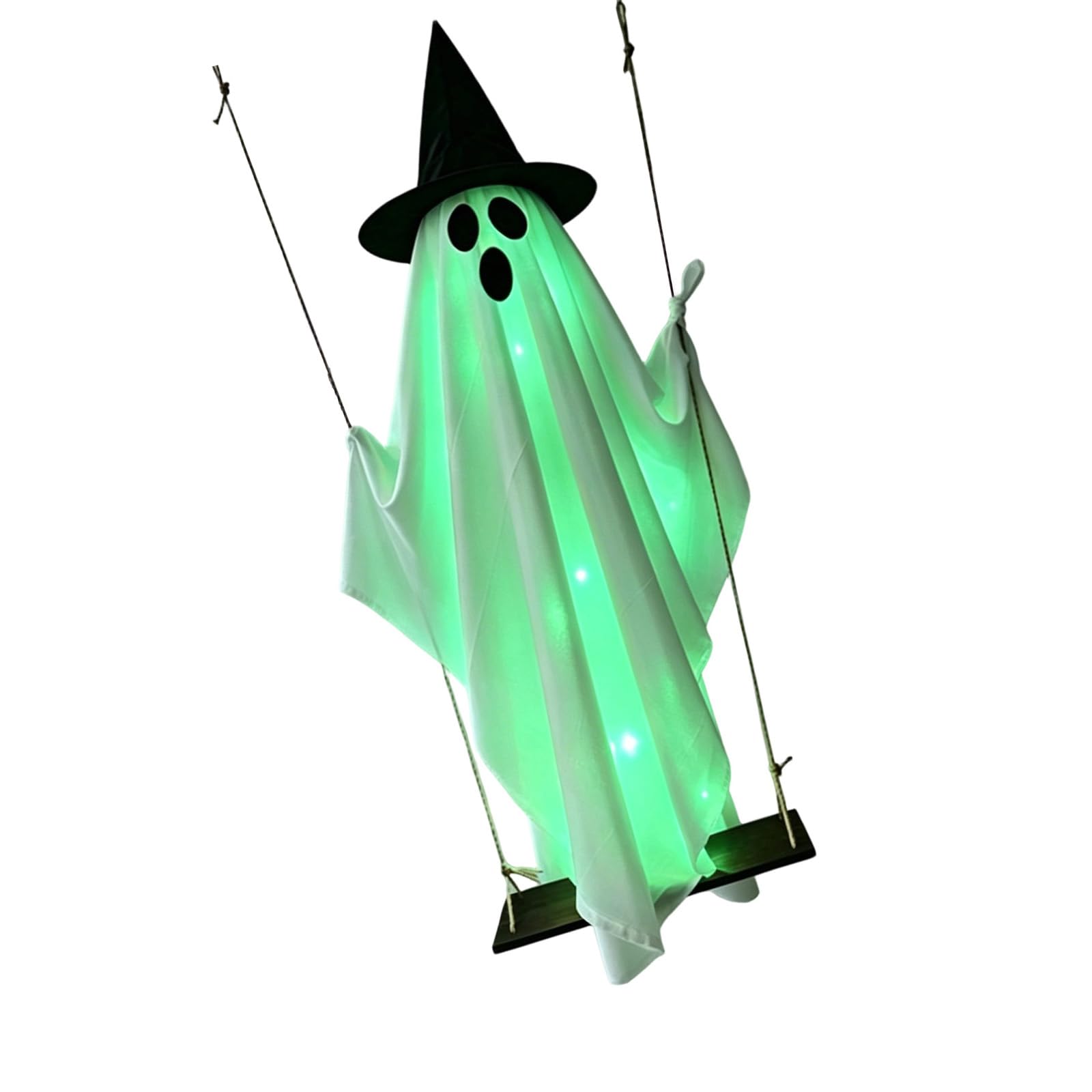 Tfaoys Green Light Seasonal Swing Figure Decoration With Internal Light Effect, White Draped Look, And Witch Hat For Entryway Decor Hanging Figure Entry Decoration Seasonal Piece Hat Detail Wood Seat